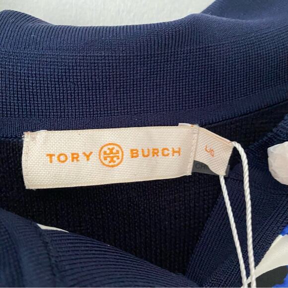 Tory Burch NWTS Silk Front Shirtdress Navy Blue Porcelain Thistle Sweater Back - Picture 8 of 10